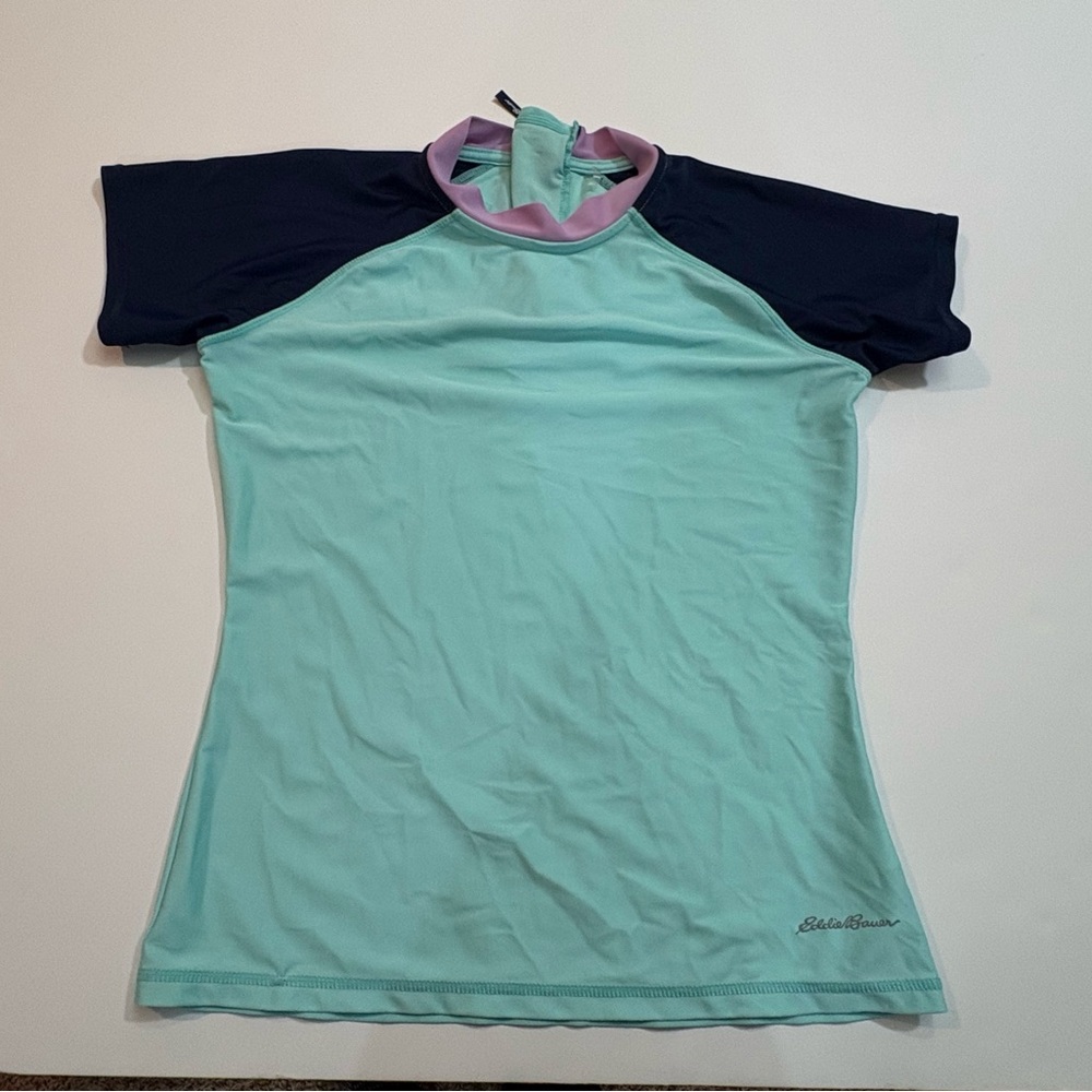 Eddie Bauer Mint Swim Top with Navy Sleeves and Lavender Neck